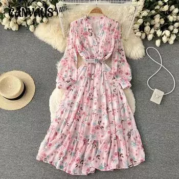 Женское модное платье с V-образным вырезом и длинными рукавами, весеннее длинное платье с цветочным принтом, милые платья one size жёлтый