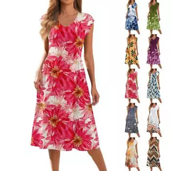 Женское модное платье с V-образным вырезом и короткими рукавами, плиссированное, свободное, длинное M