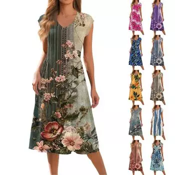 Женское модное платье с V-образным вырезом и короткими рукавами, плиссированное, свободное, длинное S