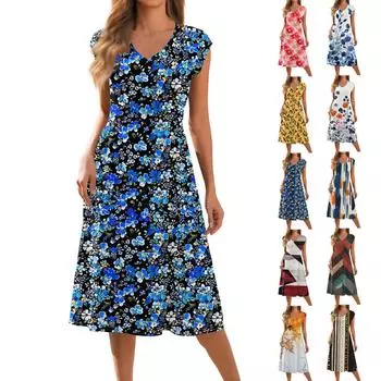 Женское модное платье с V-образным вырезом и короткими рукавами, плиссированное, свободное, длинное M жёлтый