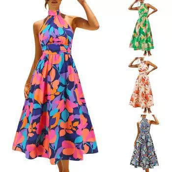 Женское модное платье с воротником-стойкой без рукавов с принтом и свободным ремешком на спине L синий