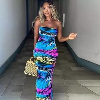 Женское модное платье с воротником в одну линию, без рукавов, с принтом, халтер, сзади, уличное платье с разрезом на ягодицах S синий