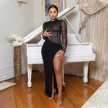 Женское модное платье с высоким воротом и длинным рукавом, с высоким разрезом, вечернее платье S чёрный