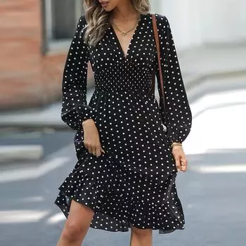 Женское модное платье с завышенной талией, стройнящее, с принтом в горошек, с длинными рукавами, в западном стиле L чёрный