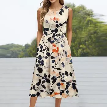 Женское модное платье средней длины с круглым вырезом и принтом без рукавов L бежевый