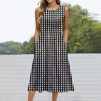 Женское модное платье средней длины с круглым вырезом и принтом без рукавов S чёрный