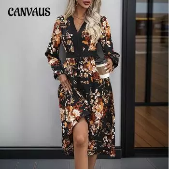 Женское модное платье средней длины с принтом на весну и осень S чёрный