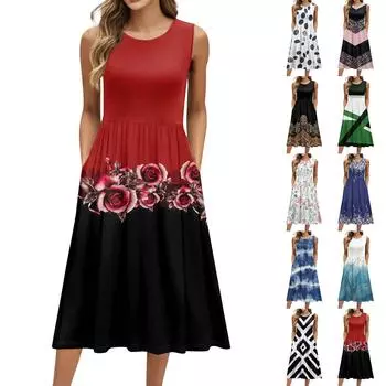 Женское модное платье средней длины с круглым вырезом и принтом без рукавов L армия зеленый