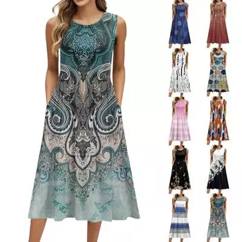 Женское модное платье средней длины с круглым вырезом и принтом без рукавов L чёрный