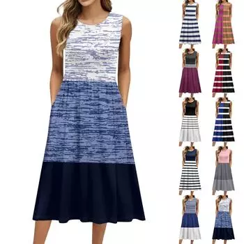 Женское модное платье средней длины с круглым вырезом и принтом без рукавов L чёрный