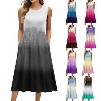 Женское модное платье средней длины с круглым вырезом и принтом без рукавов L синий