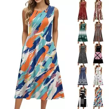 Женское модное платье средней длины с круглым вырезом и принтом без рукавов L чёрный