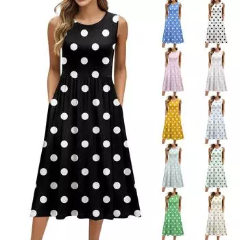 Женское модное платье средней длины с круглым вырезом и принтом без рукавов XXXL