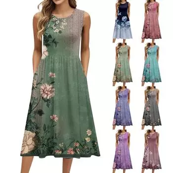 Женское модное платье средней длины с круглым вырезом и принтом без рукавов XXXL