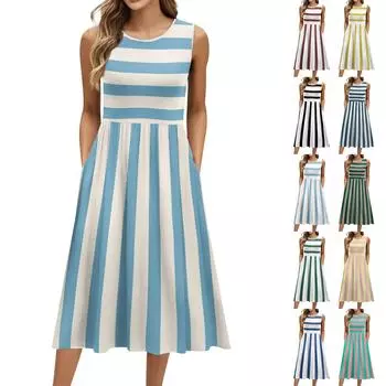 Женское модное платье средней длины с круглым вырезом и принтом без рукавов M