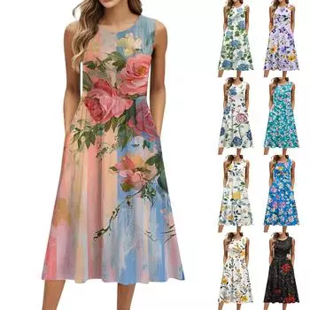 Женское модное платье средней длины с круглым вырезом и принтом без рукавов XL чёрный