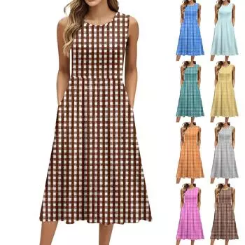 Женское модное платье средней длины с круглым вырезом и принтом без рукавов S синий