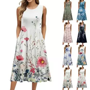 Женское модное платье средней длины с круглым вырезом и принтом без рукавов L бежевый