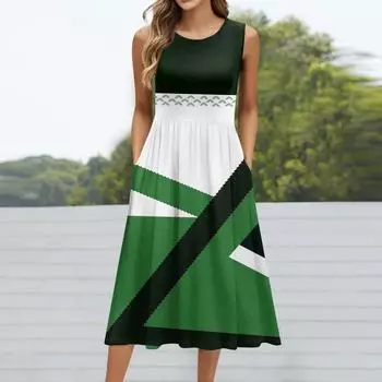 Женское модное платье средней длины с круглым вырезом и принтом без рукавов S чёрный