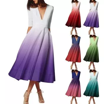 Женское модное платье средней длины со средним рукавом и градиентным принтом, сексуальное платье с V-образным вырезом XL