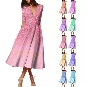 Женское модное платье средней длины со средним рукавом и градиентным принтом, сексуальное платье с V-образным вырезом L зелёный