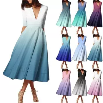 Женское модное платье средней длины со средним рукавом и градиентным принтом, сексуальное платье с V-образным вырезом M