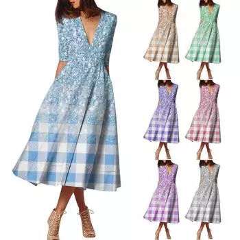 Женское модное платье средней длины со средним рукавом и градиентным принтом, сексуальное платье с V-образным вырезом M