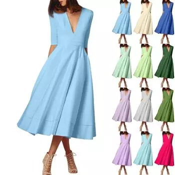 Женское модное платье средней длины со средним рукавом, сексуальное платье с V-образным вырезом XL