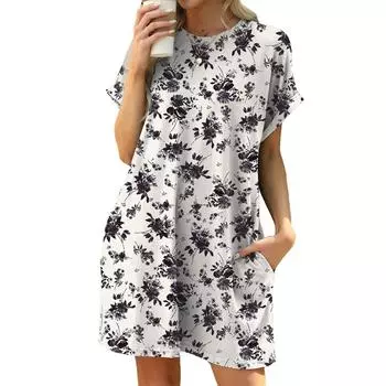 Женское модное платье свободного кроя с цветочным принтом и круглым вырезом, короткими рукавами и карманами L чёрный