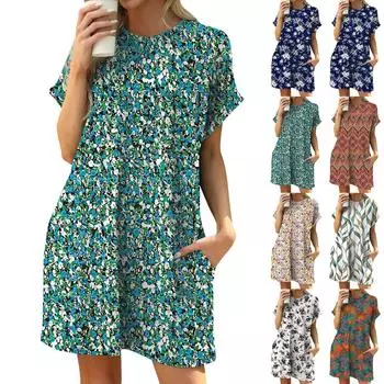 Женское модное платье свободного кроя с цветочным принтом и круглым вырезом, короткими рукавами и карманами XXL чёрный