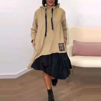 Женское модное платье свободного покроя с круглым вырезом в стиле пэчворк L бежевый