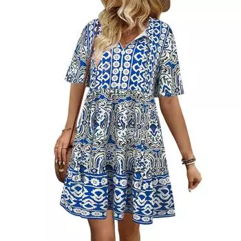 Женское модное платье в богемном стиле с принтом и V-образным вырезом XXL синий