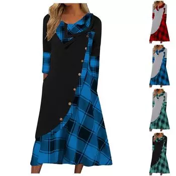 Женское модное платье в клетку с пуговицами и карманами с кучей шеи и длинными рукавами XXL красный