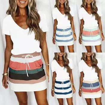 Женское модное платье в полоску с v-образным вырезом и короткими рукавами и карманами для отдыха L чёрный