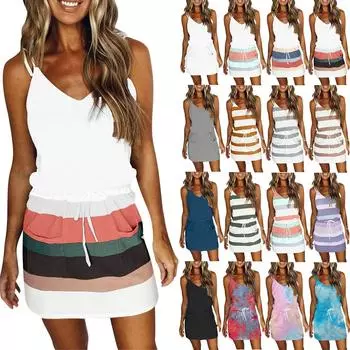 Женское модное платье в полоску с принтом и v-образным вырезом без рукавов со шнуровкой и карманами для отдыха XXL чёрный