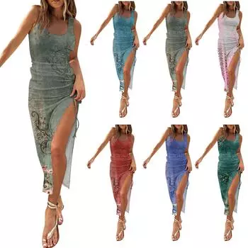 Женское модное платье в рубчик без рукавов с разрезом и кулиской с принтом M синий