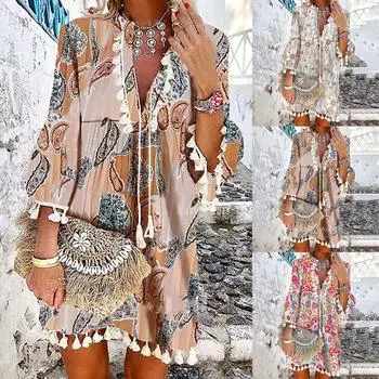 Женское модное платье в стиле бохо с рукавом три четверти, кружевное мини-платье с v-образным вырезом и кисточками L розовый
