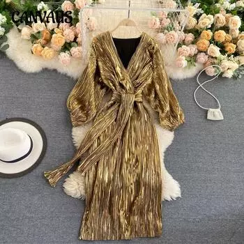 Женское модное платье в стиле винтажного блоггера в стиле «суд» с осенним темпераментом и V-образным вырезом, завязывающимся на талии One Size золотой