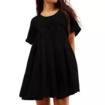Женское модное плиссированное лоскутное платье с круглым вырезом и короткими рукавами с карманами L чёрный