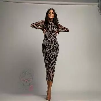 Женское модное плиссированное сексуальное сетчатое прозрачное облегающее платье с длинным рукавом S чёрный