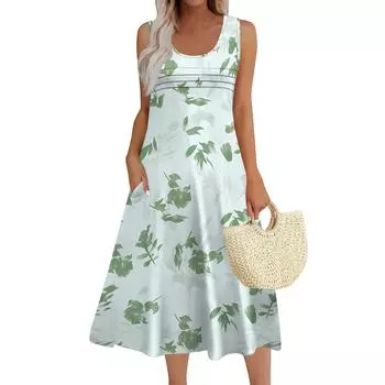 Женское модное пляжное платье без рукавов с круглым вырезом и карманами, длинные цветочные платья M