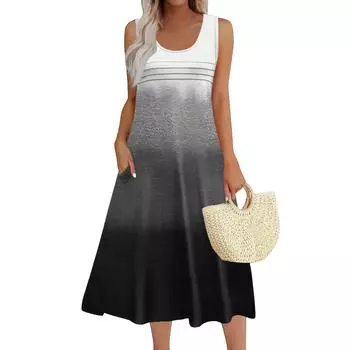 Женское модное пляжное платье без рукавов с круглым вырезом и карманами, длинные платья с градиентом S