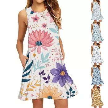 Женское модное пляжное платье без рукавов с круглым вырезом и цветочным принтом L