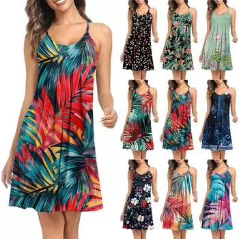 Женское модное пляжное платье без рукавов с цветочным принтом на подтяжках для отпуска S зелёный