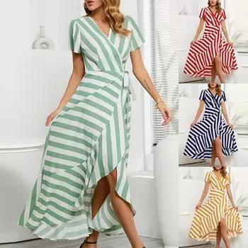 Женское модное пляжное платье с v-образным вырезом, летнее платье в полоску с принтом L синий
