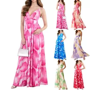 Женское модное пляжное платье с V-образным вырезом и цветочным принтом, приталенное, с поясом, в стиле бохо, платье-камисоль для отпуска L синий