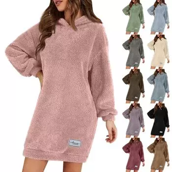 Женское модное плюшевое платье с капюшоном и длинными рукавами, однотонная повседневная толстовка L бежевый