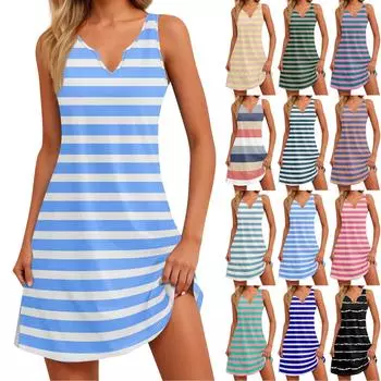 Женское модное полосатое платье-комбинация с V-образным вырезом и разрезом XXL