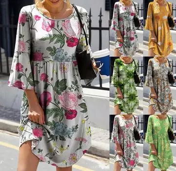 Женское модное повседневное элегантное платье средней длины с цветочным принтом и рукавом три четверти XXXXXL