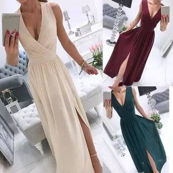 Женское модное повседневное английское свободное однотонное платье без рукавов с v-образным вырезом длиной до пола L зелёный